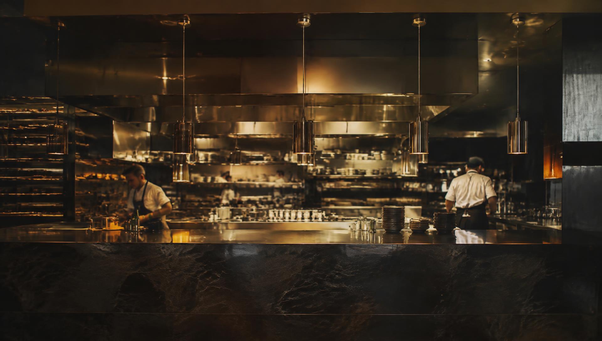 Modern commercial kitchen with stainless equipment
